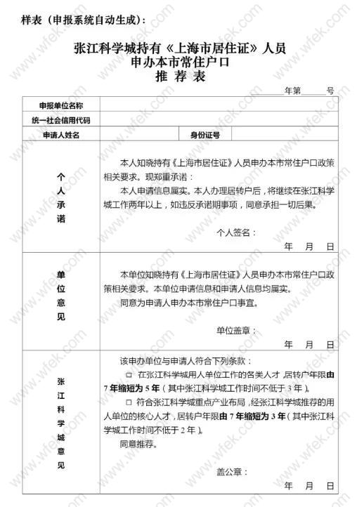 张江科学城居转户申请推荐表